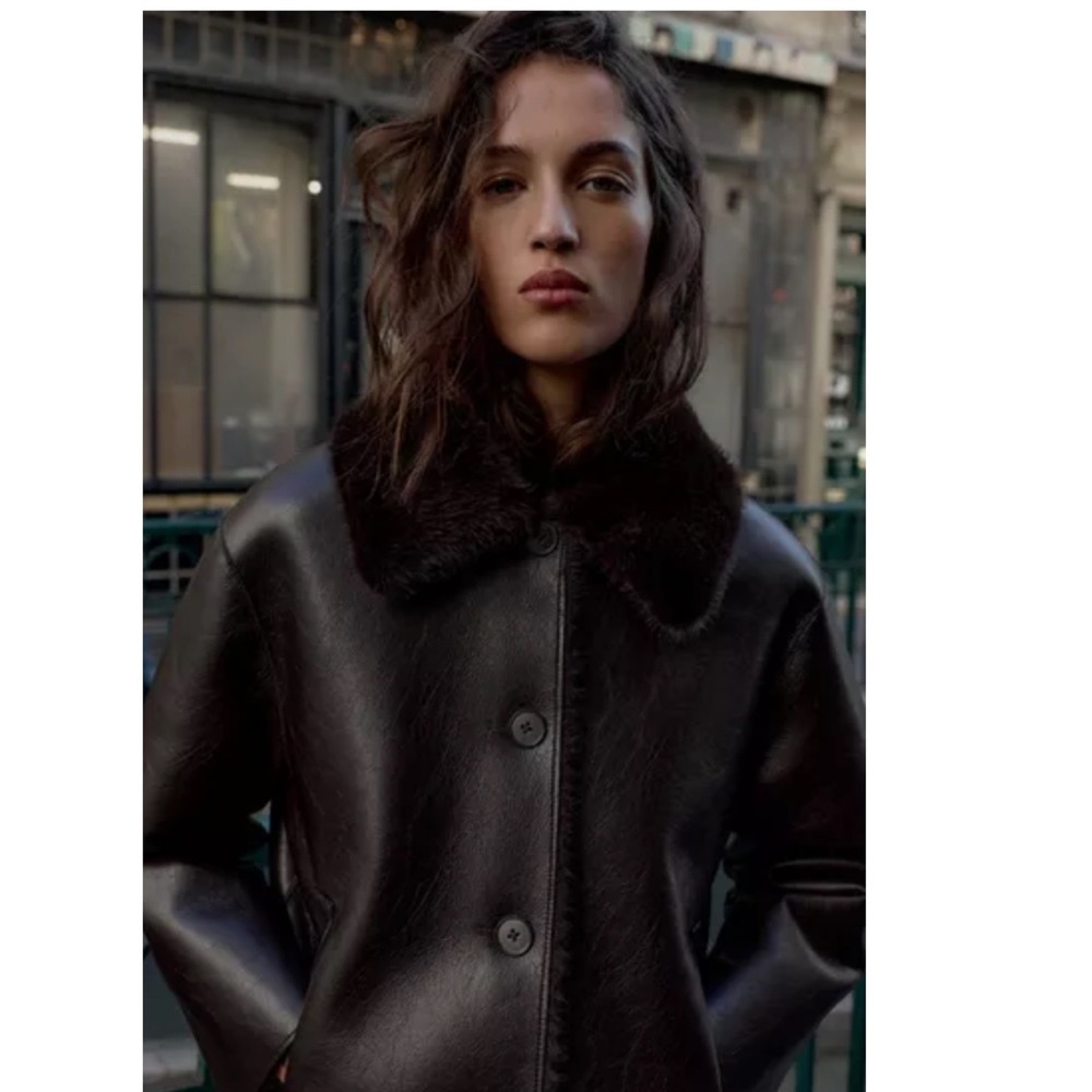 Women's Brown Faux Leather Fur Lined Double Breasted Jacket Size M Heavy